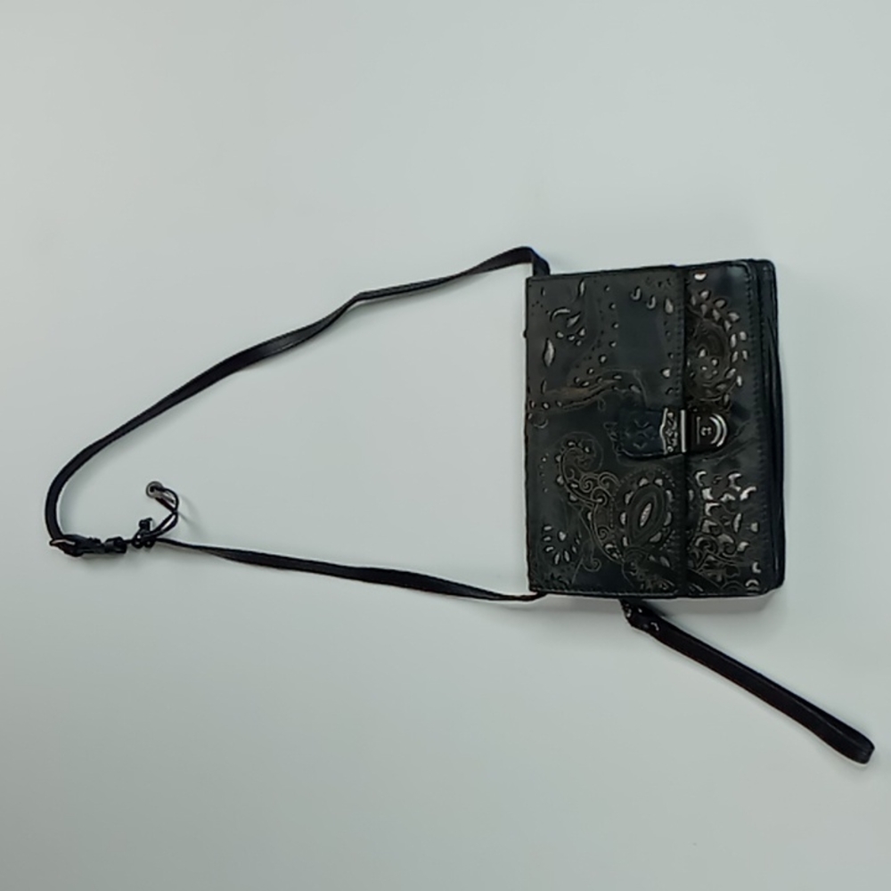 Patricia Nash Laser Cut Leather 3 Way Purse Shoulder Strap Wristlet/Clutch Brown